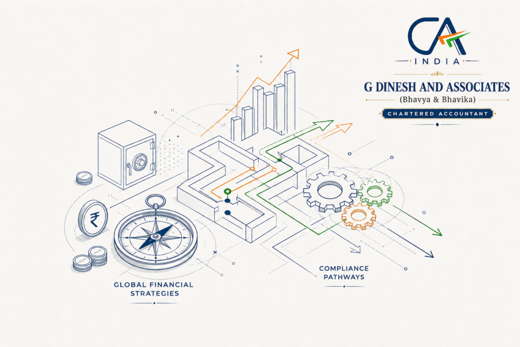 G Dinesh and Associates Chartered Accountant banner with financial strategy, compliance pathways, growth charts, and audit advisory concepts.