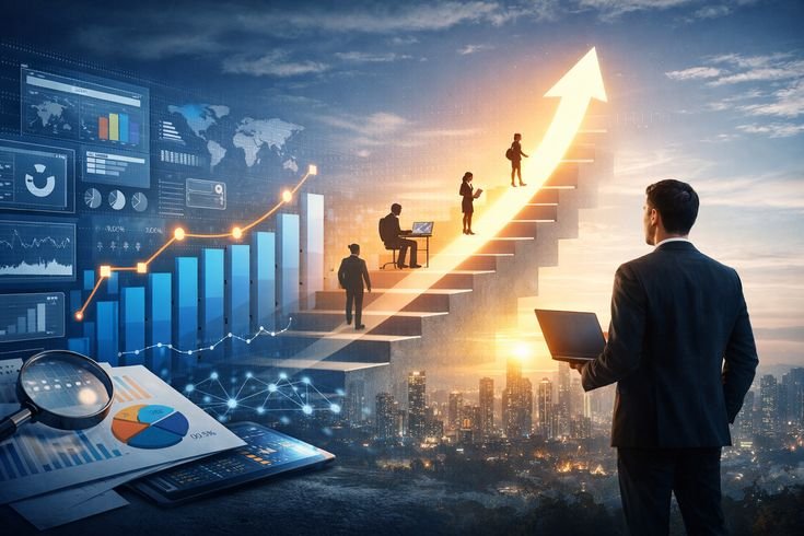 Entrepreneur viewing a pathway to business growth, representing company registration, startup success, and future expansion opportunities.