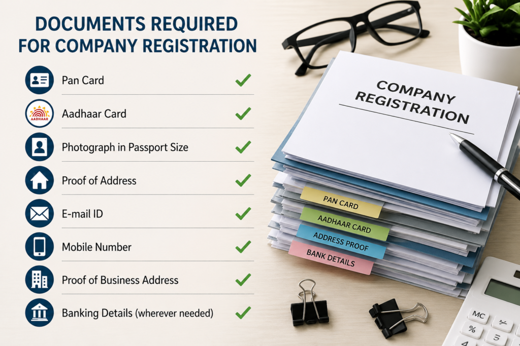 Best company registration documents checklist with PAN card, Aadhaar card, address proof, email ID, mobile number, and banking details
