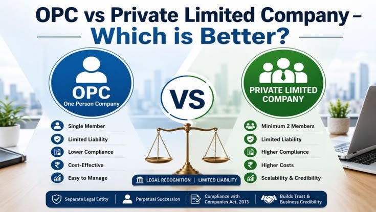 OPC vs Private Limited Company comparison chart showing features, compliance requirements, scalability, and business registration benefits in India.